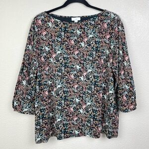 J.Jill Women's Large PETITE 3/4 Sleeve Pima Cotton Top Blouse Autumnal Floral